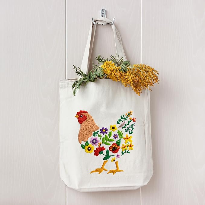louise maelys embroidery kit canvas tote bag for beginners,cross stitch kits for adults,diy hen flowers pattern,women shopping reusable grocery bags
