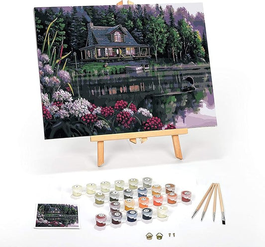 Ledgebay DIY Paint by Numbers Kit for Adults Framed Canvas Beginner to Advanced Paint by Numbers Kit Kits Include Acrylic Paint Set Brushes Tabletop Easel (Still Waters 16" x 20" Framed)