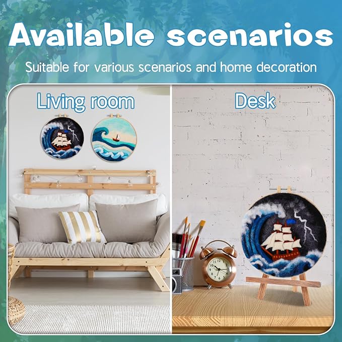 QMNNMA Needle Felting Kits, Wool Felting Kit with Picture Frame, Foam Pad, Felt Cloth, and Instructions, Needle Felt Painting Kit for Home Decoration (Sea Waves and Sailboats)