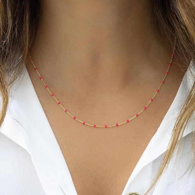 KYUNHOO 16.4 Feet/5M Rose Red Enamel Beaded Chain for Jewelry Making Gold Plated Stainless Steel Chain Spool Cross Cable Link Chains Bulk with Lobster Clasps and Jump Rings