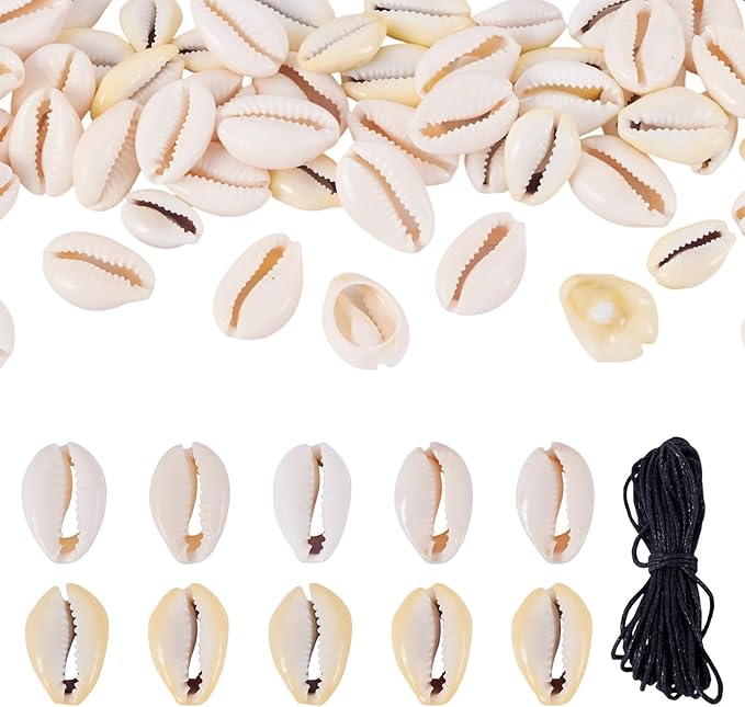 Cheriswelry 100pcs Shell Beads for Bracelet Making Cowrie Shells Spacer Beads Summer Beach Shell Oval Beads for DIY Necklace Jewelry Making with 5.46 Yard Waxed Cotton Thread Cords