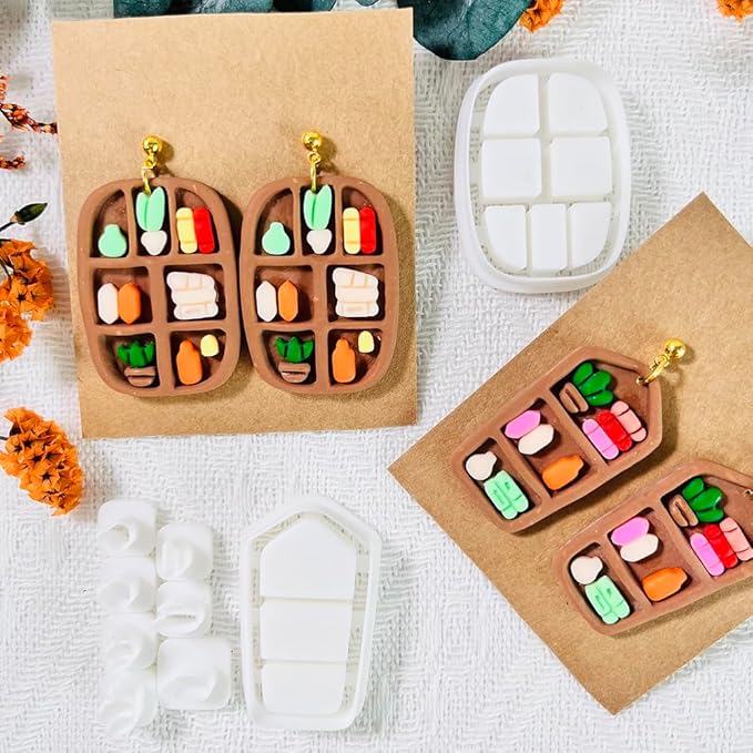 Xaekicr 20pcs Polymer Clay Cutters Display Shelf Set – Miniature Clay Cutters for Polymer Clay Jewelry, Bookshelf Earring Molds with Bottles, Pots and Bowls, Clay Tools for DIY Accessories
