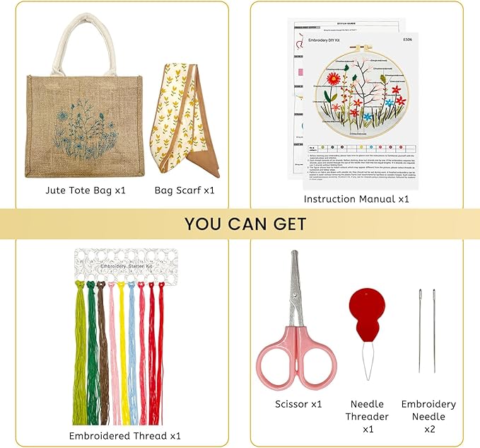 SNAIL GARDEN Linen Tote Bag DIY Embroidery Kit for Beginners with Scarf, Printed Cross Stitch Craft Kit with Thread, Needle & Guide – Reusable Grocery Bag for Women