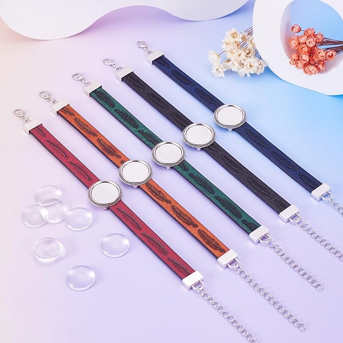 FASHEWELRY 5Pcs PU Leather Cord Bracelet with Glass Cabochons for Jewelry Making - 23mm Round, Adjustable, Feather Print Blank Tray Bracelet Band Settings (5 Colors)