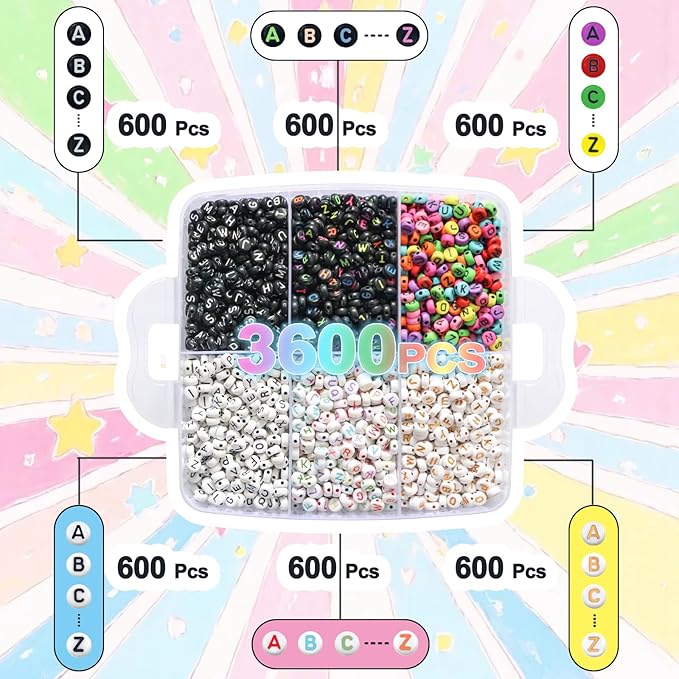 Alphabet Beads A-Z 6500Pcs Letter Beads, Acrylic 6x6mm Round Letter Beads Kits,Black Digit and Colorful Smile Bead for Bracelets Necklaces DIY Jewelry Making