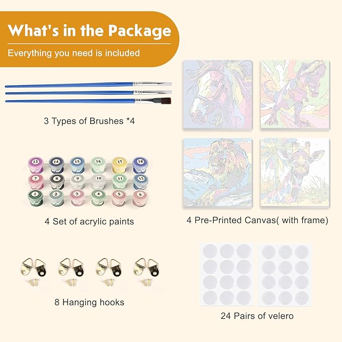 4 Pack Paint by Numbers Kit for Kids Beginner with Wooden Frame, Colorful Horse, Dinosaur, Lion, Giraffe, Paint by Numbers Kit for Adults, Rainbow Animal, Painting Kits for Home Wall Decor 8x8 inch