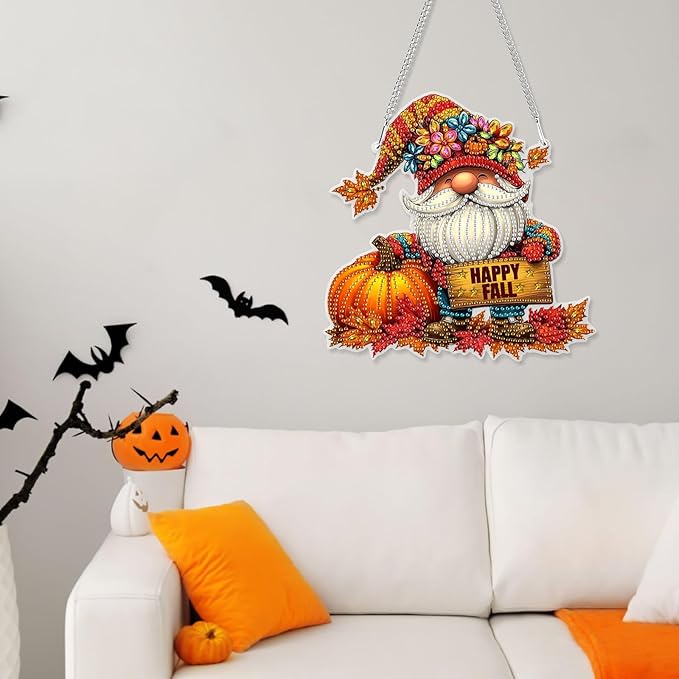 Genius maker Fall Gnome Diamond Art Hanging Kits for Adults, Halloween Special Shaped Diamond Painting Kits, DIY Acrylic 5D Crystal Diamond Gem Art Painting Hanging Ornament for Home Wall Decor
