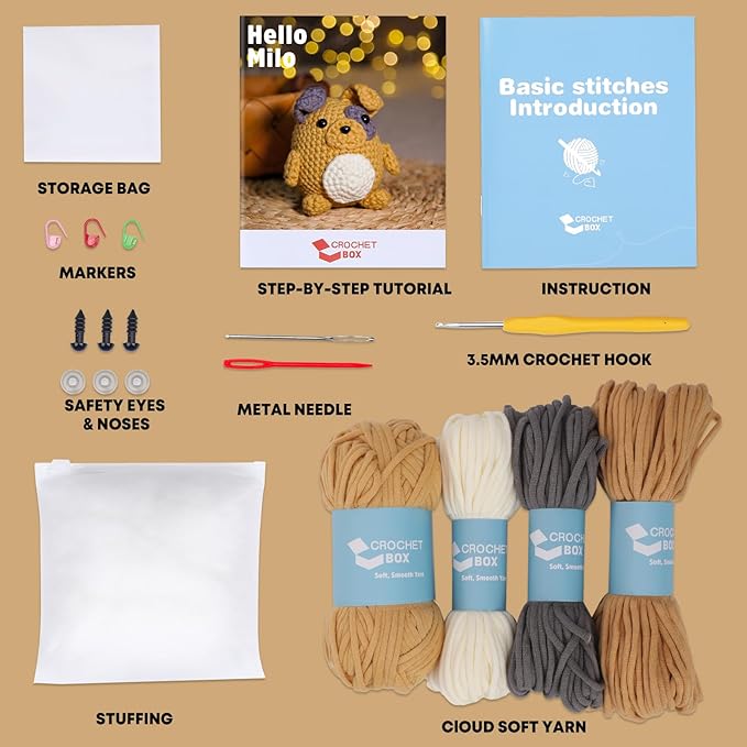 CrochetBox Crochet Kit for Beginners Adults - Pug Starters Crochet Kit, Beginners Crocheting Kitting for Adults Teen, Craft Gifts with Crochets Yarns, Hook, Step-by-Step Video, Instruction