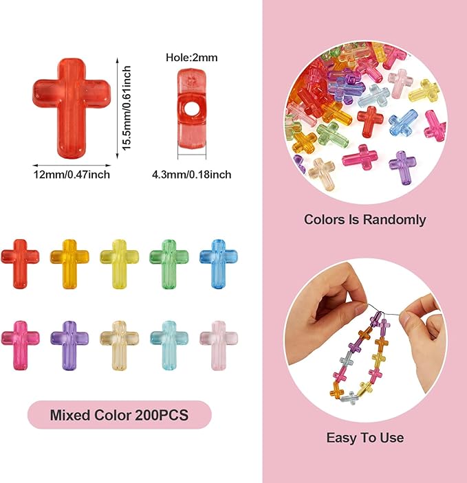 FASHEWELRY 200Pcs Candy Color Acrylic Cross Beads Clear Small Crosses Spacer Beads Transparent Acrylic Pony Bead Cute Bead Bulk for Bracelet Necklace Jewelry Making
