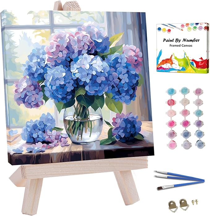 JUJUHOOD Hydrangeas Flowers Paint by Numbers Kit for Adults Beginner & Kids Ages 8-12, Purple Flower Paint by Number Without Easel, Simple Paint by Numbers for Gift Home Wall Decor (10x10Inch)