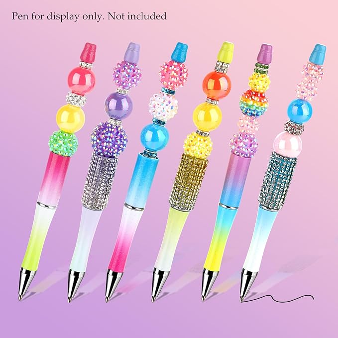 Funtopia Beads for Pens Keychains, 200pcs Bubblegum Focal Beads for Beadable Pens, 12mm 16mm 20mm Rainbow Acrylic Chunky Beads with Rhinestone Rondelle Spacer Bead for DIY Craft Making Supplies