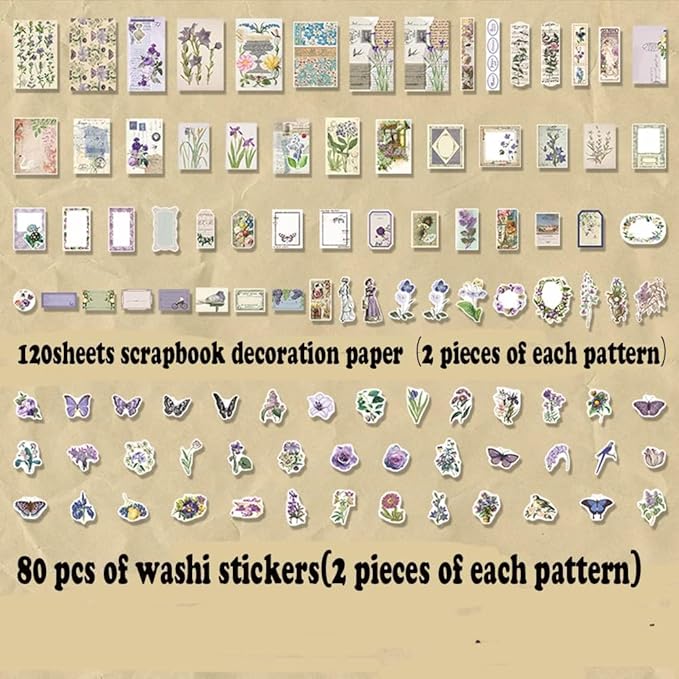 Alideco 200pcs Vintage Scrapbook Stickers Kawaii Purple Floral Scrapbooking Paper Washi Junk Journaling Supplies Collage Album Aesthetic Cottagecore Picture Frames(Butterfly)