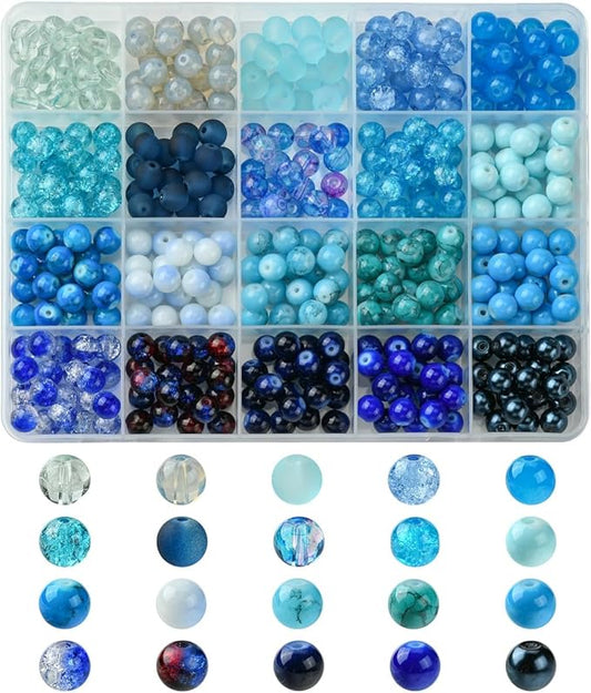 Echoed Elegance 8 Color Gradient Glass Beads Kit - 400pcs 8mm Round Beads for DIY Jewelry Making, Bracelets, Necklaces - Mixed Blending Color Craft Beads with Storage Box (Blue)