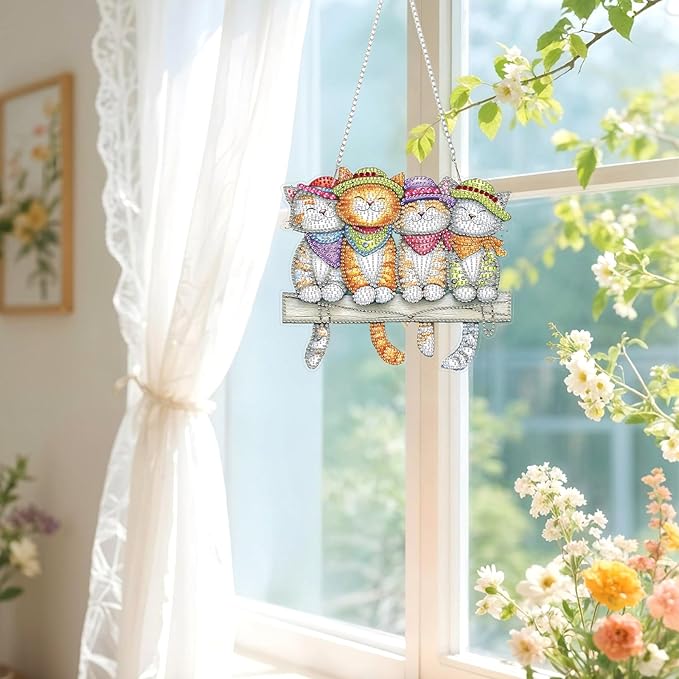 Lxmsja DIY Cute Cats Bench Diamond Painting Hanging Ornament, Double-Sided Acrylic Colorful Bandanas Diamond Art Kit, Special Shaped Suncatcher Hanging Pendant Window Art Kit
