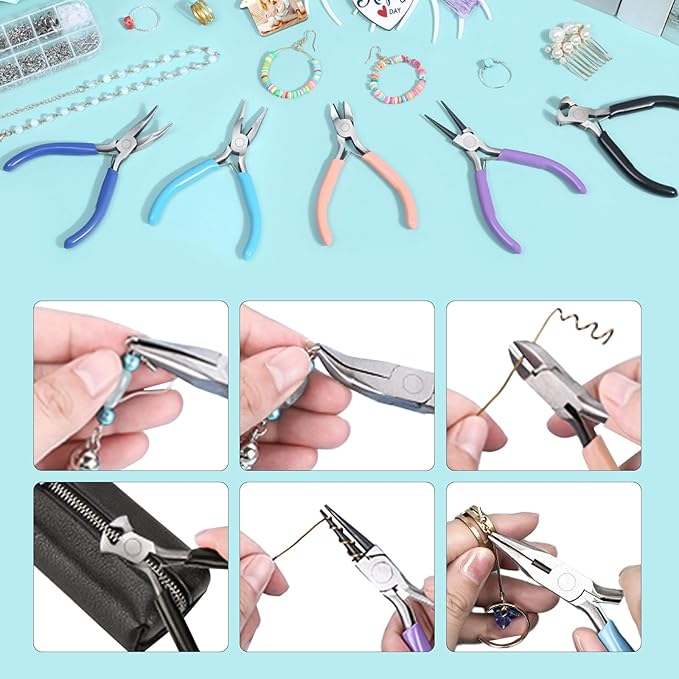5-Piece Professional Jewelry Pliers Set for Wire Crafting & Repair ： Includes Chain Nose, Round Nose, Bent Nose, Needle Nose & Wire Cutters