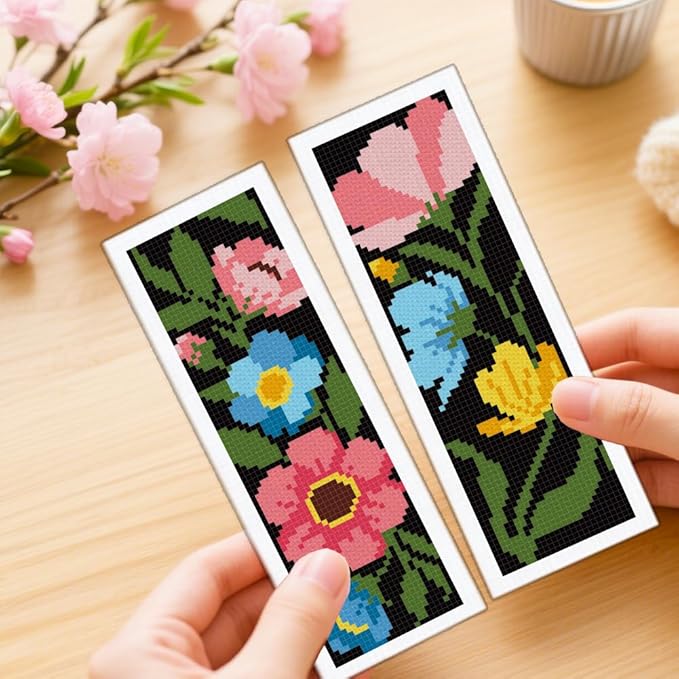 ORIGACH 6 Set Dark Background Flower Cross Stitch Bookmark Kit for Beginners Stamped Embroidery Kit Include Backing Felt and Instruction Beginner Cross Stitch Kits for Adults, Book Lovers