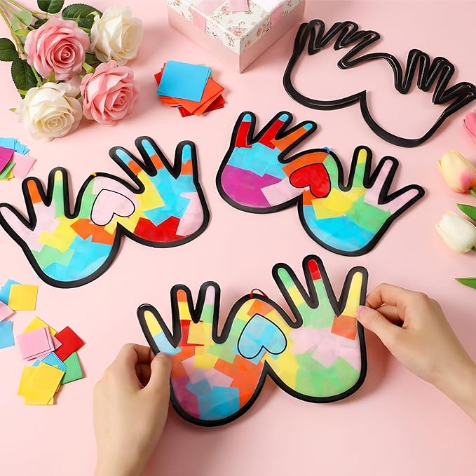 Yaomiao 30 Set Mother's Day Crafts Heart Handprint Suncatchers Paper Crafts Kit DIY Stained Glass Kit Effect Tissue Paper Hanging Suncatchers for Mother's Day Home Birthday Party Favors Gifts