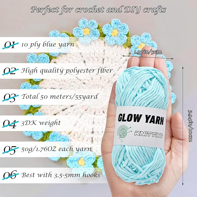 10 Rolls Glow in The Dark Yarn for Crochet, Yarn for Crocheting 10x50g, Crochet Kit for Beginners - DIY Arts, Crafts, Knitting Sewing Crocheting Supplies - Christmas Halloween Decorations (Blue)