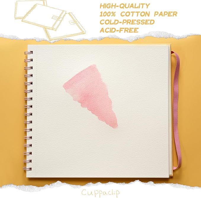 CuppaClip Watercolor Paper 9"x8.5" 300GSM 140LB Spiral Bound Cotton Water Color Pad Cold Press Inner Pocket Art Supplies (Yellow)