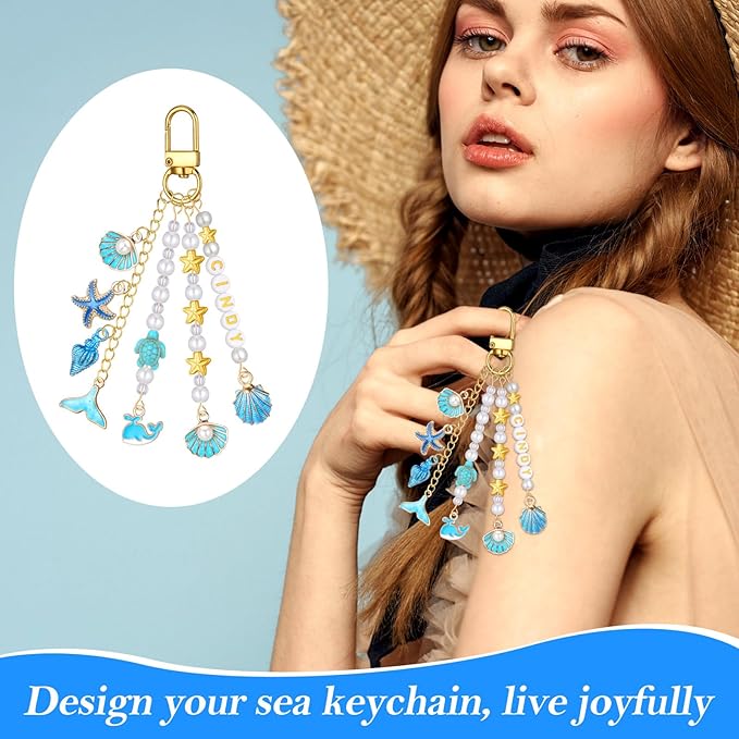 Cunno 776 Pcs Seashell Keychain Making Kit Ocean Beach DIY Craft Key Chain with Keychain Clip and Tool Accessories for Summer Backpacks Purse Tote Bag Crafts DIY Supplies (Fresh Style,Blue Gold)