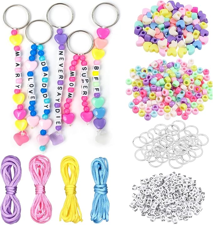 JINJUMEI 566Pcs DIY Beaded Name Tag Keychains Making Kit, Key Chain Making Craft Adjustable Letter Beads String, Beading Craft Supplies for Party Favors (Keyrings)