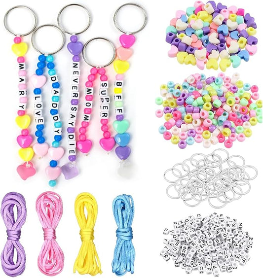 JINJUMEI 566Pcs DIY Beaded Name Tag Keychains Making Kit, Key Chain Making Craft Adjustable Letter Beads String, Beading Craft Supplies for Party Favors (Keyrings)