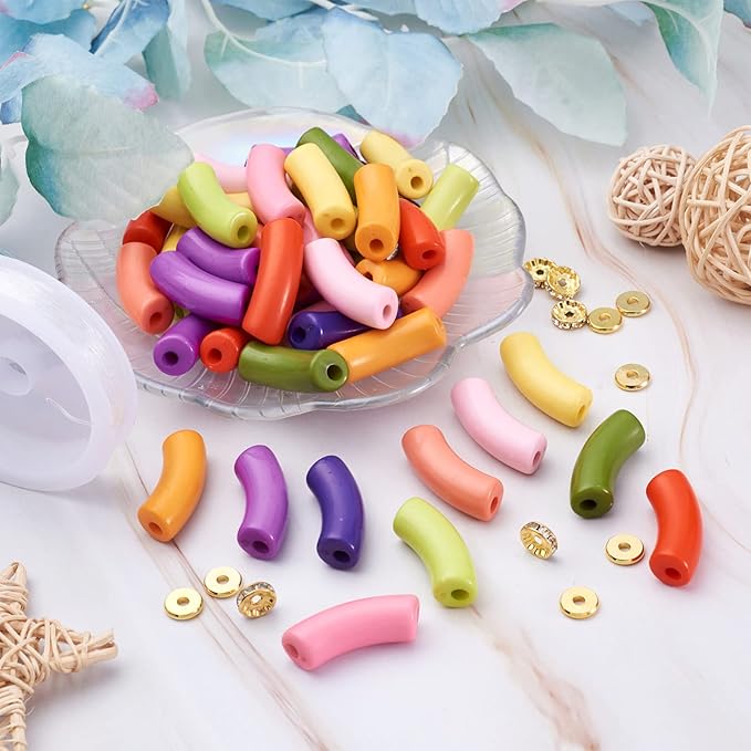 60Pcs Acrylic Chunky Tube Beads with Rondelle Brass Rhinestone Spacer Beads & Elastic Crystal Thread, 10 Colors Opaque Curved Tube Beads for Bamboo Bangles Bracelet Jewelry Making