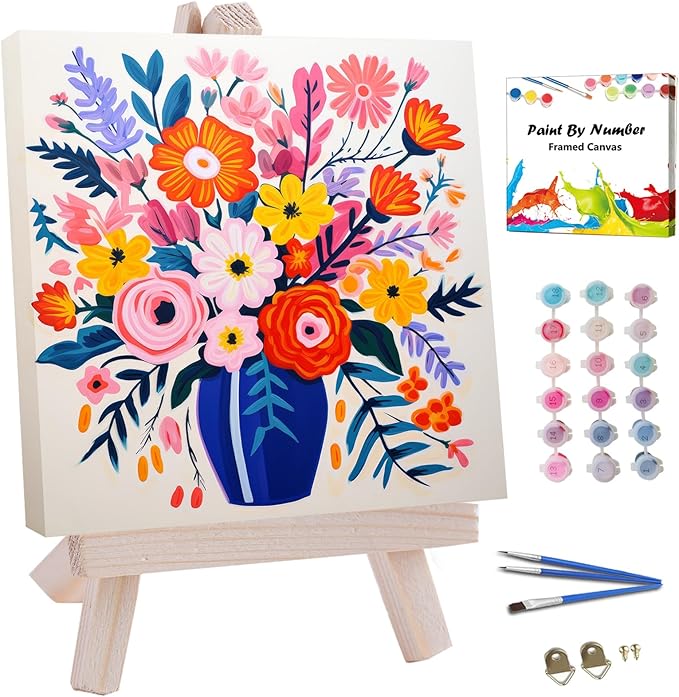 JUJUHOOD Abstract Flowers Paint by Numbers Kit for Adults Beginner & Kids Ages 8-12, Flower in Vase Paint by Number Without Easel, Simple Paint by Numbers for Gift Home Wall Decor (10x10Inch)