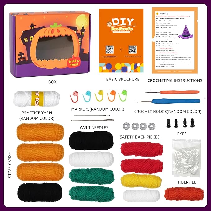 Sinyon Beginner Crochet Kit with Video Tutorials - Pumpkin Candy Bag Crochet Patterns, 40%+ Premium Yarn, Complete Crocheting Tools for Adults & Kids - DIY Craft Gift for Birthdays, Holloween (Black)