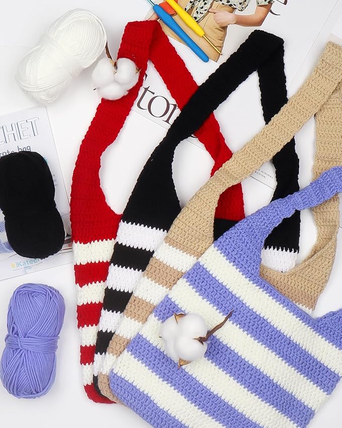 Katech Crochet Kit for Beginners, Striped Tote Bag Crochets Set Includes Yarn Crochet Hooks, Complete Crochets Step-by-Step Guide Needles Accessories Adults Crocheted Starter Kit Crocheter Gift