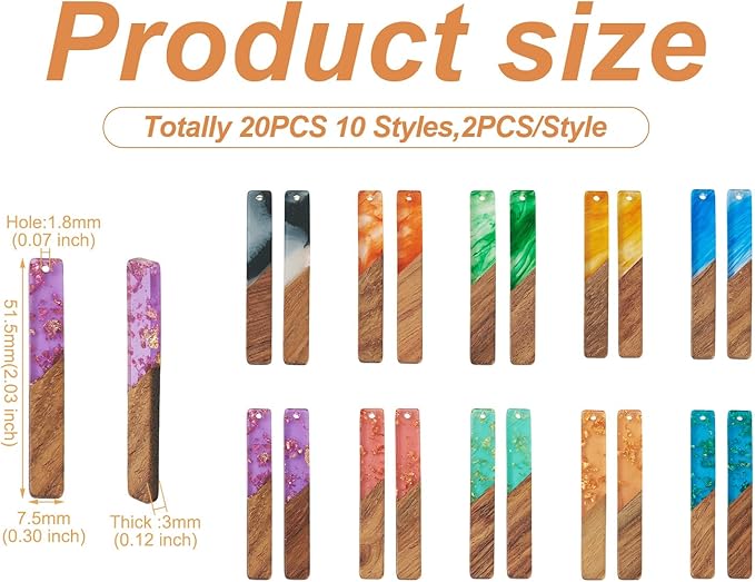 Beadthoven 20pcs/10 Pairs Rectangle Bar Charms DIY Bohemian Earrings Transparent Resin Wood Pendants Gold Foil Watercolor Natural Wooden Pieces Tag Pendants for Fashion Jewelry Making Necklace