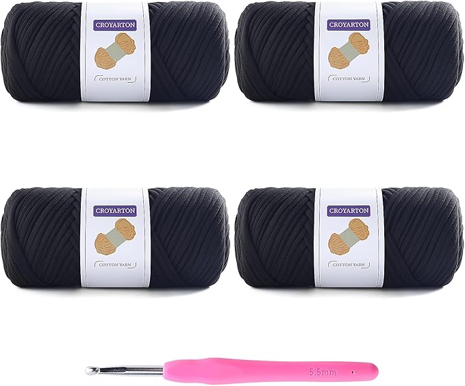4 Pack Tshirt Yarn for Crocheting, Elastic T Shirt Spaghetti Thick Knitting Yarn Total Length 260 Yds for Crochet Bag Baskets Home Decor with 1 Crochet Hook (4-Black)