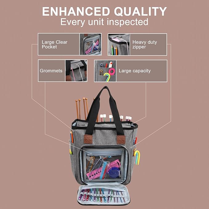 LOOEN Yarn Knitting Storage Tote-Large Capacity Crochet Organizer Portable Travel Bag With Shoulder Strap Crochet Hooks Case for Unfinished Bulk Project