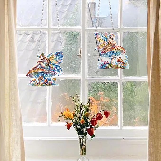 LazyFold 2PCS Diamond Art Hanging Pendant Kits for Adults, Mushroom Fairy DIY 5D Special Shape Diamond Art Painting Pendant Kits,Gem Art Suncatchers Painting Ornament for Home Garden Wall Decor Gift
