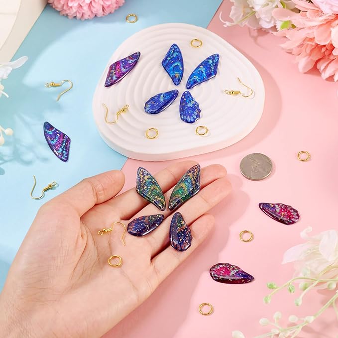 FASHEWELRY 12Pcs Resin Fairy Wing Earring Charms Purple Turquoise Blue Butterfly Wing Pendants Insect Print Feather Charms with Jump Rings Earrings Hooks for DIY Earring Jewelry Making