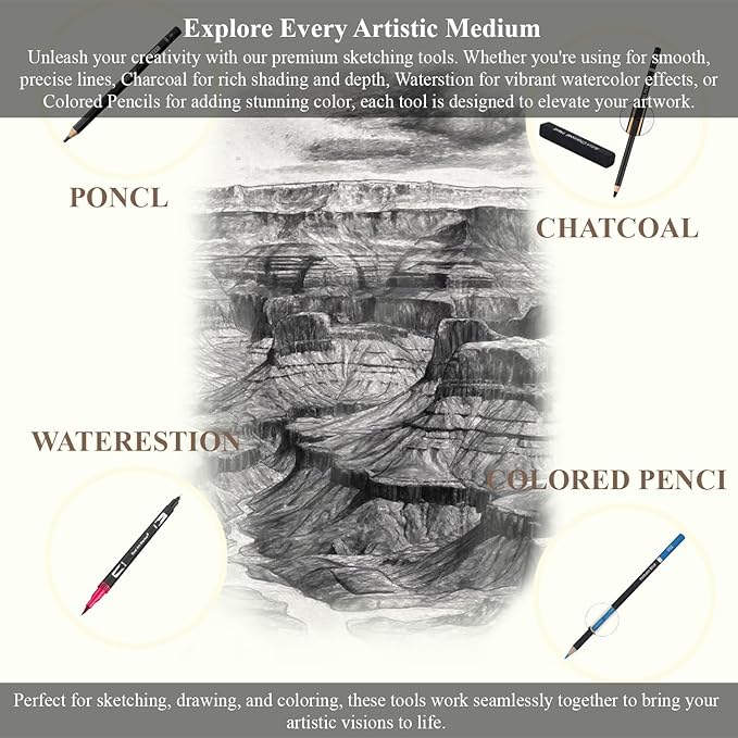sufly sketch pad and pencil set for kids ages 8-12 | complete sketch set with 9x12 sketchpad, watercolor postcards & pencils (graphite and charcoal), sketch pads for drawing for adults & art supplies.