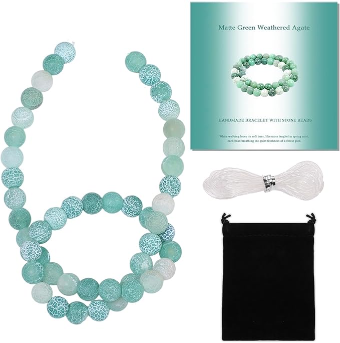 Stone Beads, 45pcs Matte Green Weathered Agate, 8mm Round Loose Beads for Jewelry Making, Bracelets, with Bag, String & Card