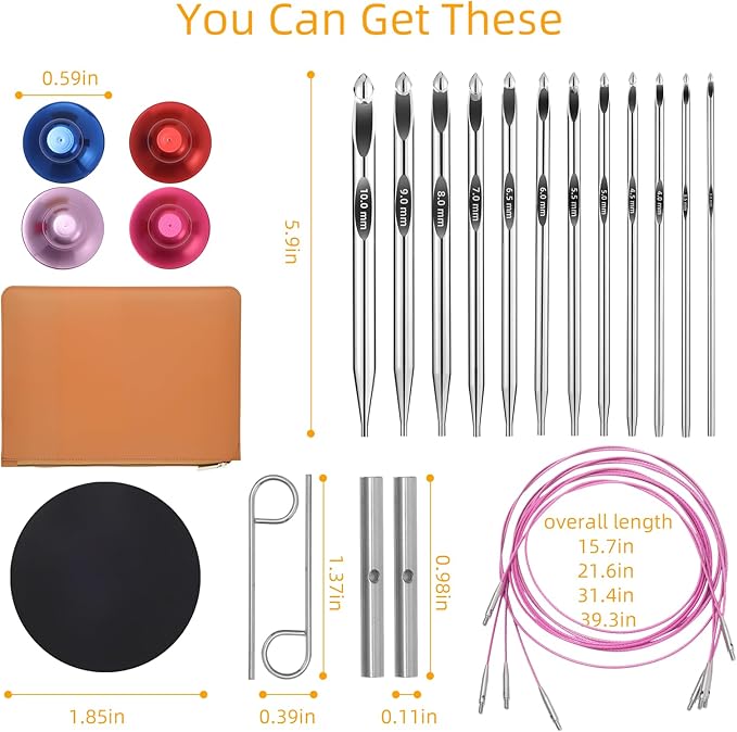 AIYUNDI Tunisian Crochet Hooks Set with Cable, 6-Inch Aluminum Interchangeable Crochet Hooks 3mm-10mm, Long Crochet Hooks, Lightweight, Anti-Twist Swivel Cables, Ergonomic, Umber 26 PCS