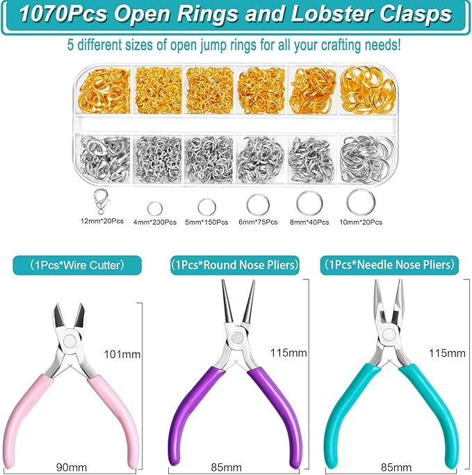Jewelry Pliers and Jump Rings Set, Needle Nose Round Nose Wire Cutters Chain Pliers for Bracelet, Necklace Jewelry Repair Supplies Kit