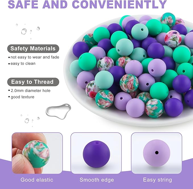 150Pcs Mixed Color 15mm Silicone Beads for Keychain Making, Green Purple Flower Print Silicone Beads for Pens and Bracelet Jewelry Making
