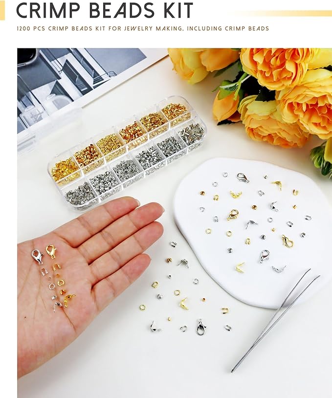 1200 Pcs Crimp Beads Kit for Jewelry Making, Including Crimp Beads, Covers, Tubes, Wire Guardians, Lobster Clasps, Jump Rings, Crimping Pliers and Beading Wire