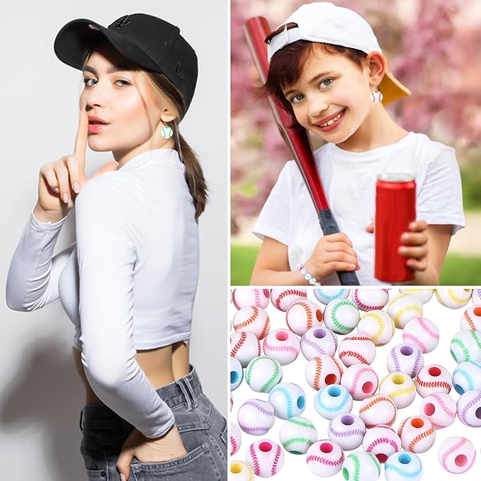 100pcs Baseball Beads with 5.5 Yard Elastic Rope,Acrylic Softball Bead Sports Beads DIY Spacer for Necklace Bracelet Keychains Handmade Jewelry Making Accessories,12mm(Rainbow Baseball)