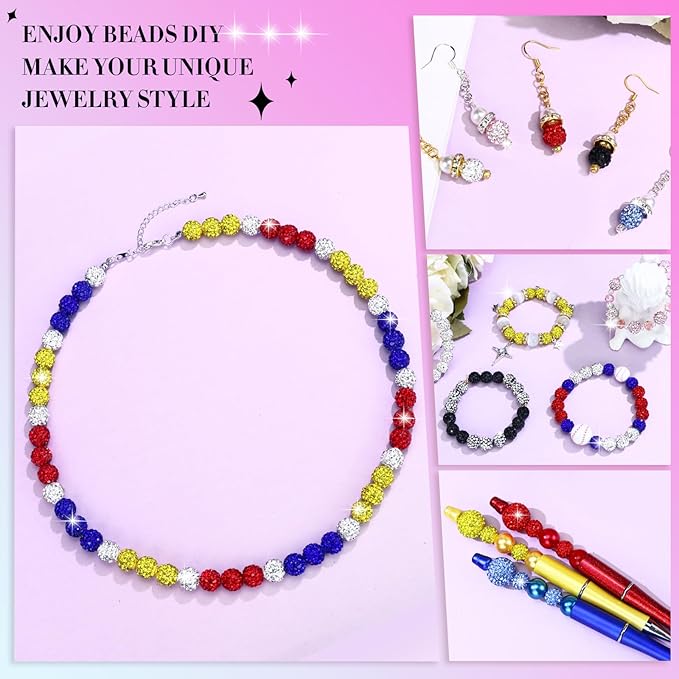 Dowarm 255PCS 10mm Rhinestone Beads for Baseball Necklace Bracelet Jewelry Making, Round Rhinestone Clay Beads for Craft Beaded Pen, Shamballa Pave Diamond, Yellow|Red|Blue|White