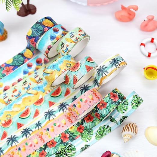 12 Rolls Summer Washi Tape Set, Hawaii Beach Holiday Decorative Tape Flamingo Tropical Fruits Leaves Watermelon Watercolor Masking Tape for Journaling Supplies,Gift Wrapping, DIY Art & Crafts