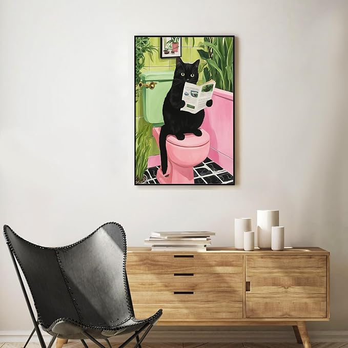 Framed Paint by Numbers Kit for Adults Beginner Black Cat, Adult Paint by Number Kits on Canvas Framed Bathroom, DIY Acrylic Oil Painting by Numbers with Frame, Perfect for Home Decor 8 X 12 Inch