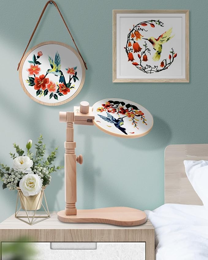 tindtop beech wood embroidery hoop stand, with 3pcs embroidery hoops (3inch + 6inch + 8inch), adjustable rotated wooden embroidery hoop holder for cross stitch and embroidery projects