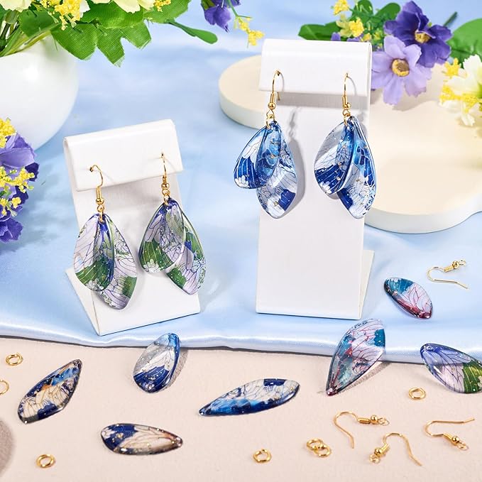 FASHEWELRY 16Pcs Transparent Resin Butterfly Wing Charms for Jewelry Making, Flower Leaf Print Colorful Insects Wing Pendant Earrings Making Kit with Earring Hook Jump Rings
