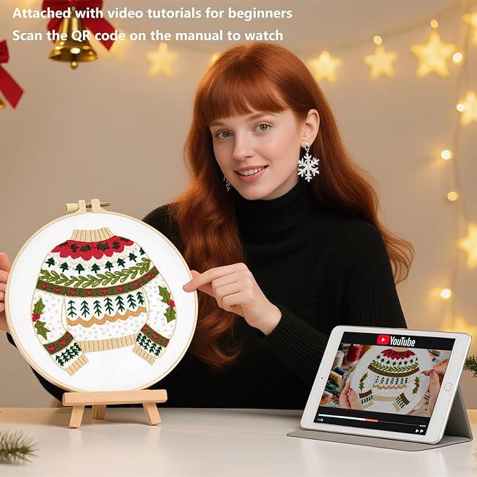 Crafmanoe Christmas Embroidery Kits for Beginners Embroidery Stitches Practice Kits for Adults, Christmas Cross Stitch Kits for Beginners Craft Kits, Embroidery Hoops, Fabric, Threads & Video Tutorial