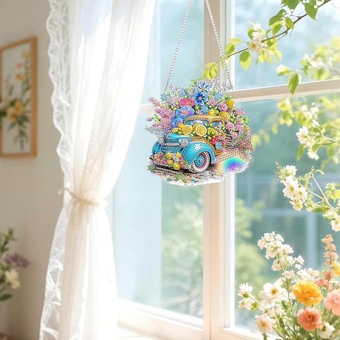 Lxmsja DIY Retro Truck Diamond Painting Hanging Ornament, Double-Sided Acrylic Lemons and Flowers Diamond Art Kit, Special Shaped Suncatcher Hanging Pendant Window Art Kit