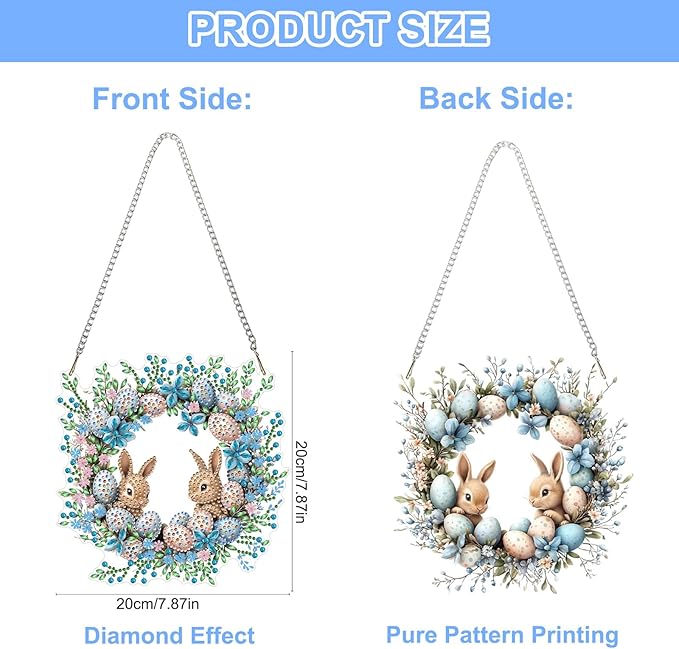 QENSPE Diamond Painting Art Hanging Kits for Adults, 5D Easter Special Shape Diamond Paingting Ornaments with Chain, DIY Rabbits Crystal Window Pendants for Home Wall Decor Double Sided 8X8 inch